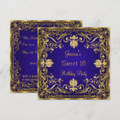 Elegant Sweet 16 Royal Blue Gold Invitation Kaart (Voorkant / Achterkant)