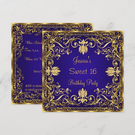Elegant Sweet 16 Royal Blue Gold Invitation Kaart (Voorkant / Achterkant)