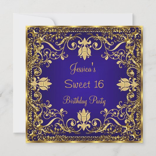 Elegant Sweet 16 Royal Blue Gold Invitation Kaart (Voorkant)