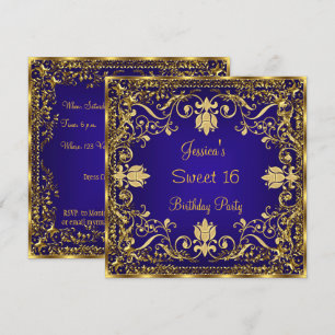 Elegant Sweet 16 Royal Blue Gold Invitation Kaart