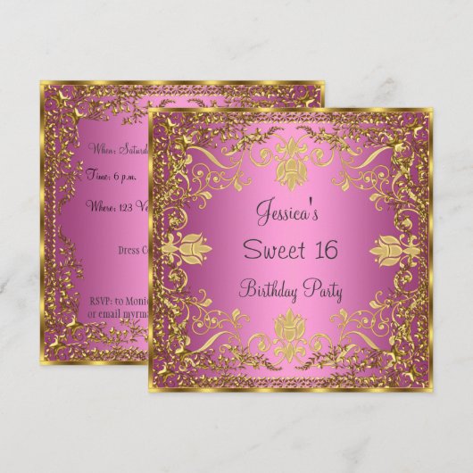 Elegant Sweet 16 roze Gold Invitation Kaart (Voorkant / Achterkant)