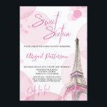 Elegant Sweet 16 Roze Wit Parijs Verjaardag Kaart<br><div class="desc">Elegant Sweet 16 Uitnodigingen in girly roze en wit. De waterverf van de Parijse Eiffeltoren heeft hoogtepunten van roze en goud, omlijst met een speelse besprenkeling van roze bokeh. Sweet Sixteen, Ooh la la! en de naam van het verjaardagsmeisje worden met de hand geletterd in roze, terwijl de gegevens van...</div>