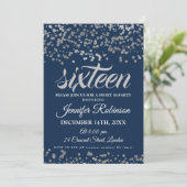 Elegant Sweet 16 Silver & Navy Folie Confetti Kaart (Staand voorkant)