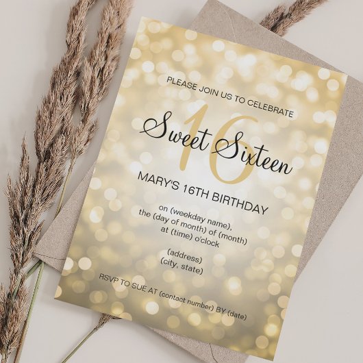 Elegant Sweet 16 Verjaardag Gouden Glitter Lights Kaart