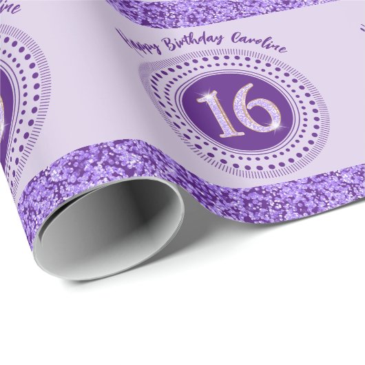Elegant Sweet 16 Verjaardag, Paarse glitter & stre Cadeaupapier (Rol Hoek)