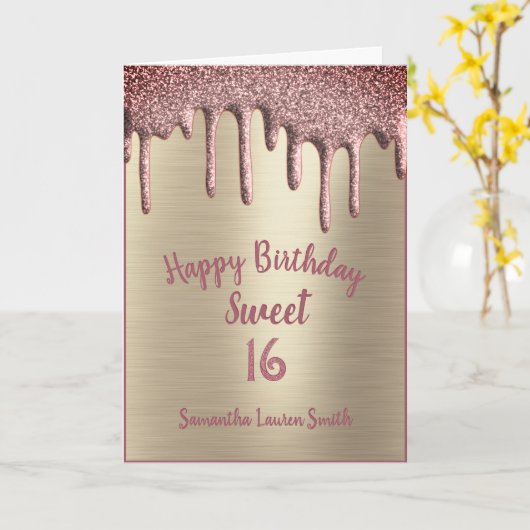 Elegant Sweet 16 Verjaardag Roos Gouden Glitter Dr Kaart (Gele Bloem)