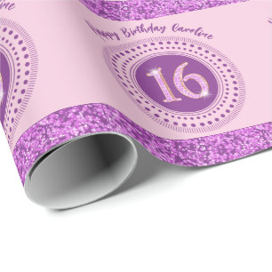 Elegant Sweet 16 Verjaardag, Roze glitter & strepe Cadeaupapier