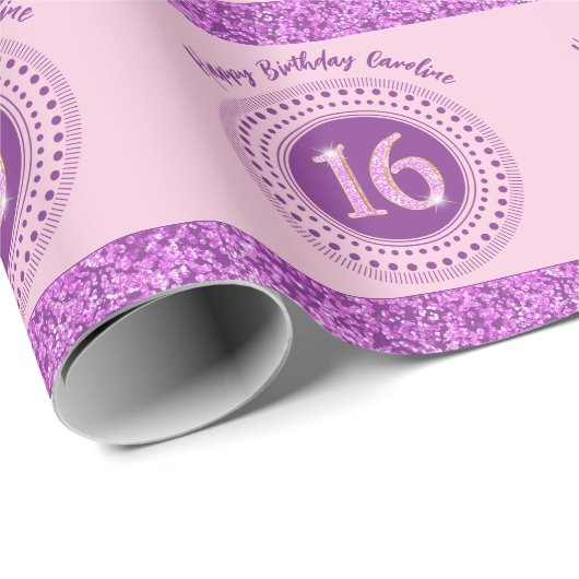 Elegant Sweet 16 Verjaardag, Roze glitter & strepe Cadeaupapier (Rol Hoek)