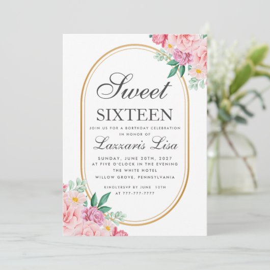 Elegant Sweet 16 Waterverf Roze Bloemen Verjaardag Kaart (Staand voorkant)
