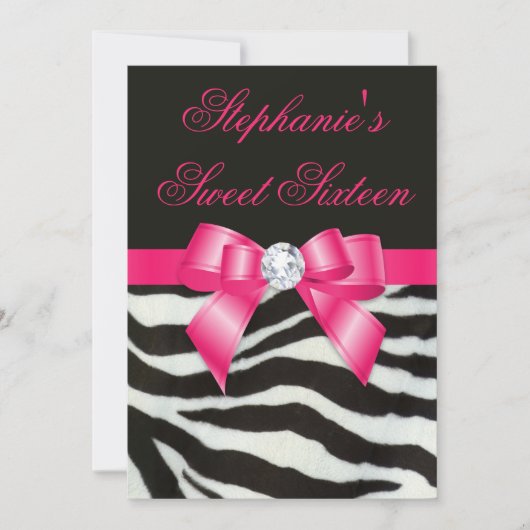 Elegant Sweet 16 Zebra Stripes Hot Pink Bow Kaart (Voorkant)