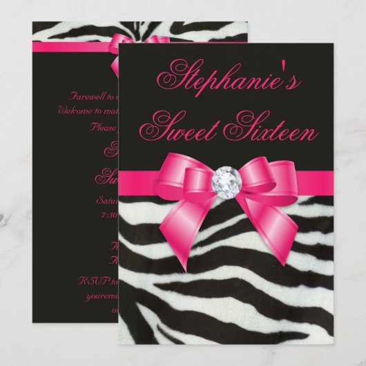 Elegant Sweet 16 Zebra Stripes Hot Pink Bow Kaart (Voorkant / Achterkant)