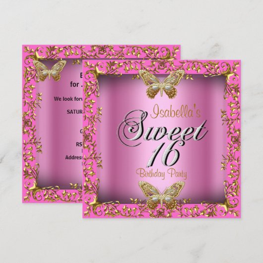 Elegant Sweet 16 Zestien roze goudvlinder Kaart (Voorkant / Achterkant)