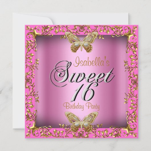 Elegant Sweet 16 Zestien roze goudvlinder Kaart (Voorkant)