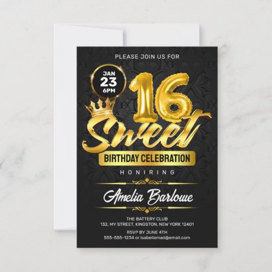 Elegant Sweet 16 Zwart en Goud Premium Kaart (Voorkant)