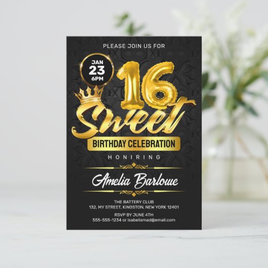 Elegant Sweet 16 Zwart en Goud Premium Kaart (Staand voorkant)