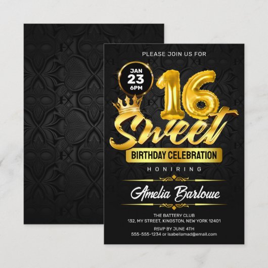 Elegant Sweet 16 Zwart en Goud Premium Kaart (Voorkant / Achterkant)