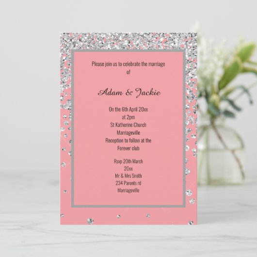ELEGANT SWEET PINK SILVER SPARKLE WEDDING CUSTOM KAART (Staand voorkant)