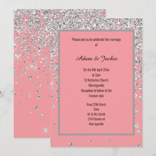 ELEGANT SWEET PINK SILVER SPARKLE WEDDING CUSTOM KAART (Voorkant / Achterkant)