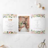 Elegant & Sweet Roze Roze Bloemenkleed Quinceañera Drieluik Wenskaart (Binnen)