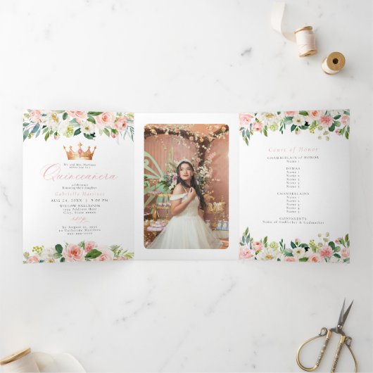 Elegant & Sweet Roze Roze Bloemenkleed Quinceañera Drieluik Wenskaart