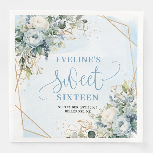 Elegant Sweet Sixteen 16 Dusty Blue Floral Party  Servet (Voorkant)