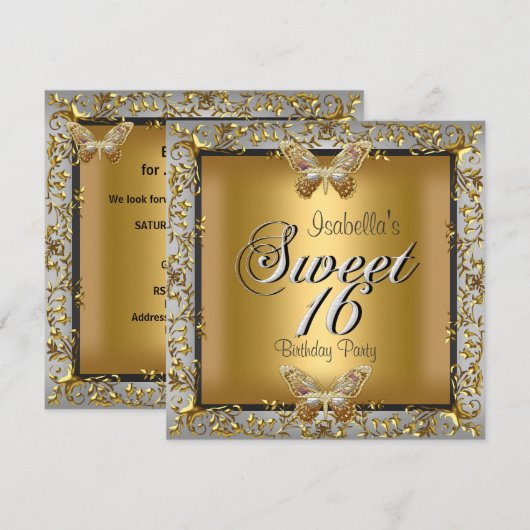 Elegant Sweet Sixteen 16 Gold Butterfly Kaart (Voorkant / Achterkant)