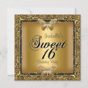 Elegant Sweet Sixteen 16 Leopard Gold Butterfly Kaart