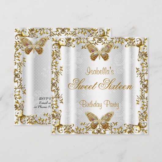 Elegant Sweet Sixteen 16 White Gold Butterfly 2 Kaart (Voorkant / Achterkant)