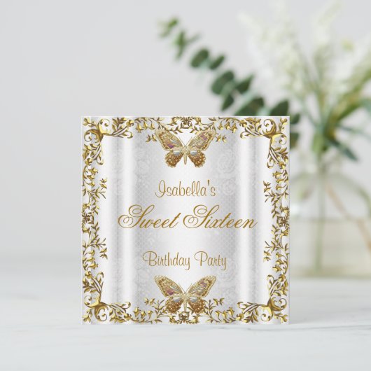 Elegant Sweet Sixteen 16 White Gold Butterfly 2 Kaart (Staand voorkant)