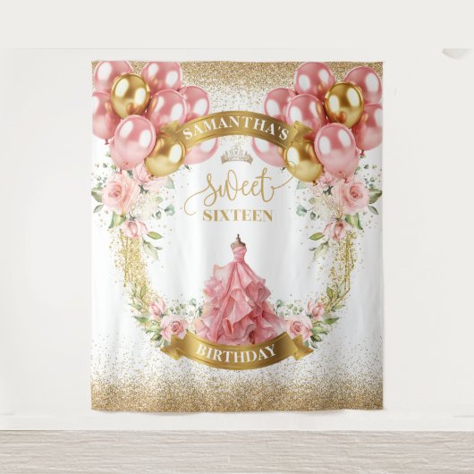 Elegant Sweet Sixteen Banner Gouden Rozen Jurk Wandkleed (Voorkant)