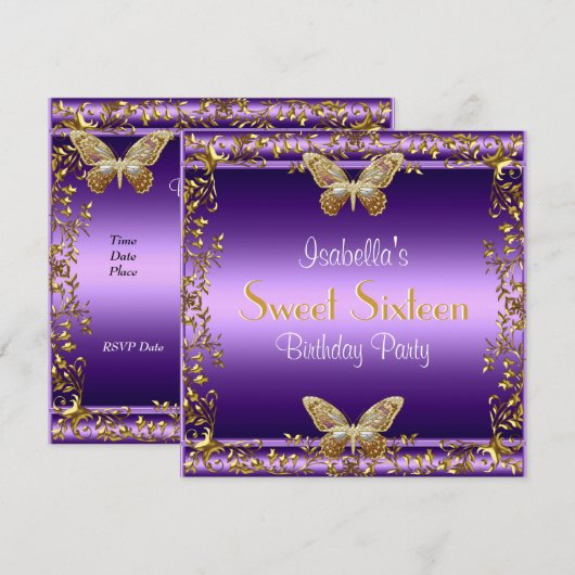 Elegant Sweet Sixteen Birthday Paarse Butterfly Kaart (Voorkant / Achterkant)