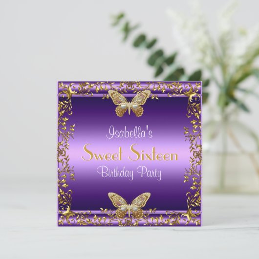 Elegant Sweet Sixteen Birthday Paarse Butterfly Kaart (Staand voorkant)