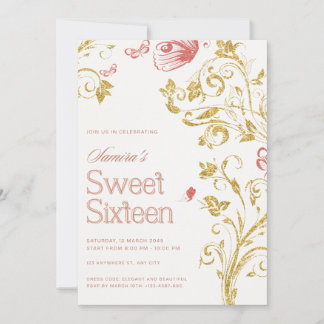Elegant Sweet Sixteen Invitation | Gold Floral & P Kaart