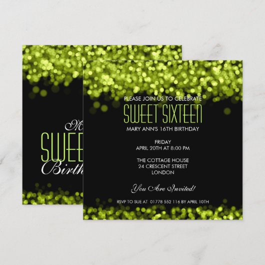 Elegant Sweet Sixteen Mousserende Lichten Groen Kaart (Voorkant / Achterkant)