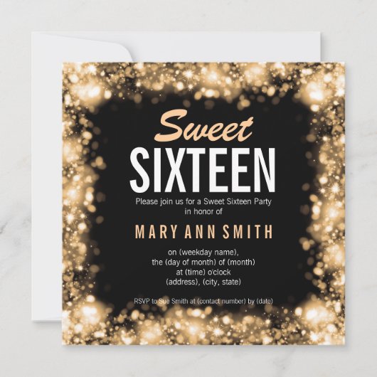 Elegant Sweet Sixteen-partij Gold Sparking Lights Kaart (Voorkant)