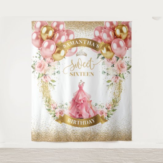 Elegant Sweet Sixteen Party Banner Rozen Dress Wandkleed (Voorkant)