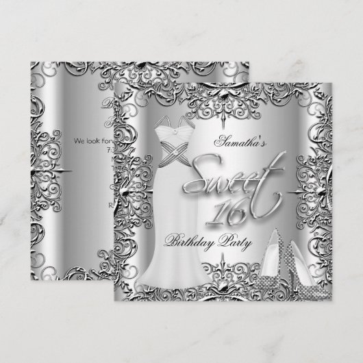 Elegant Sweet Sixteen Sweet 16 Party Silver White Kaart (Voorkant / Achterkant)