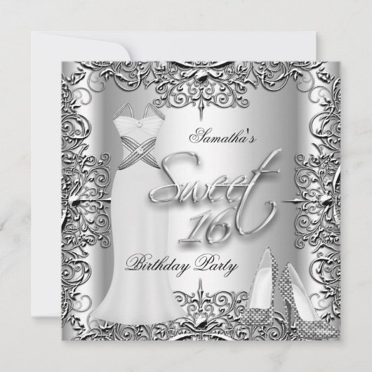 Elegant Sweet Sixteen Sweet 16 Party Silver White Kaart (Voorkant)