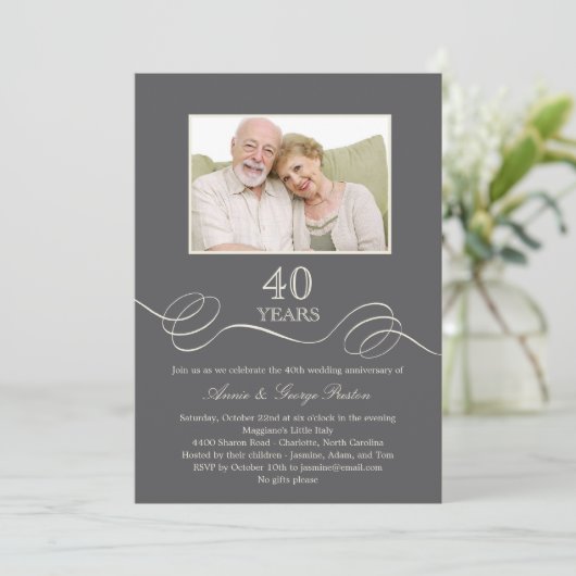 Elegant Swirl Jubileum Foto Uitnodiging - Grijs (Staand voorkant)