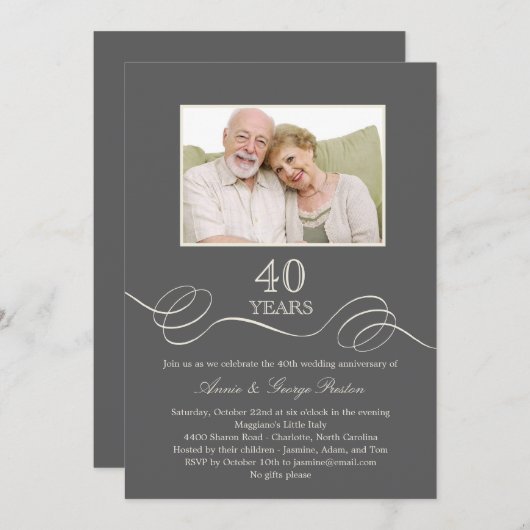 Elegant Swirl Jubileum Foto Uitnodiging - Grijs (Voorkant / Achterkant)