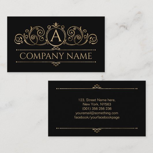 Elegant  Swirl Monogram Gold op zwart Visitekaartje (Voorkant / Achterkant)