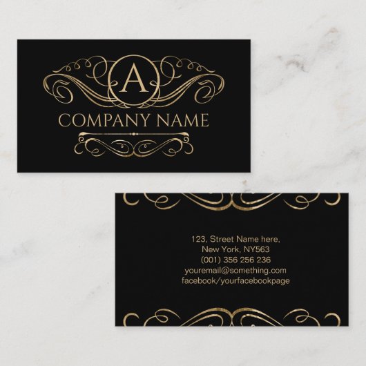 Elegant Swirl Monogram Gold op zwart Visitekaartje (Voorkant / Achterkant)