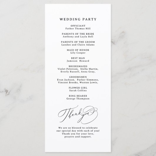 Elegant Swirl Script Eenvoudig Huwelijksprogramma Menu (Achterkant)