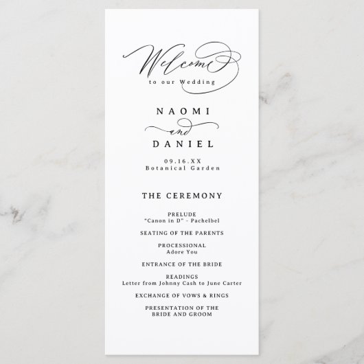 Elegant Swirl Script Eenvoudig Huwelijksprogramma Menu (Voorkant)