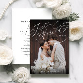 Elegant Swirl Script Just Married Photo Reception Kaart