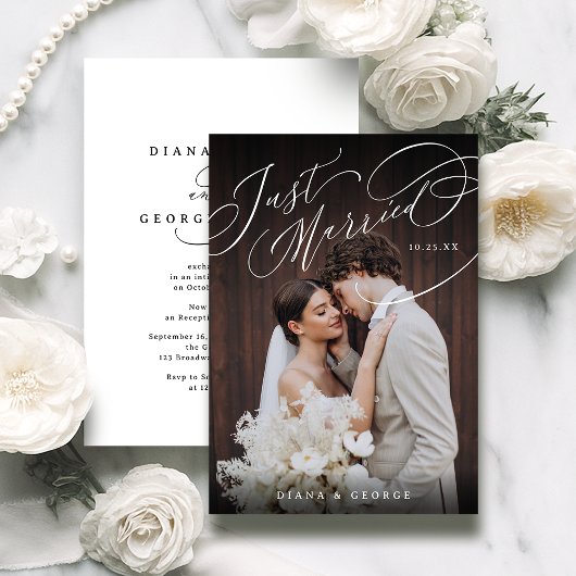 Elegant Swirl Script Just Married Photo Reception Kaart