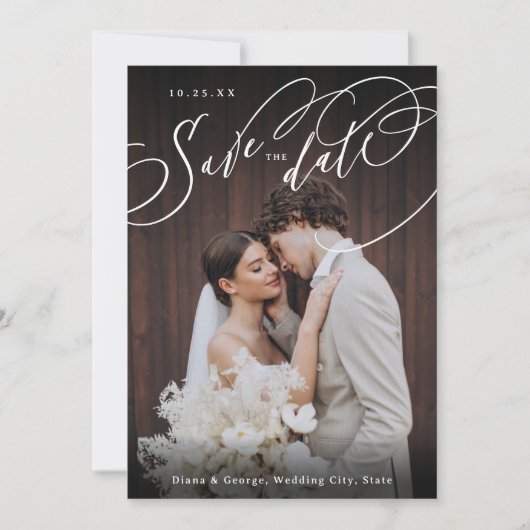 Elegant swirl script photo wedding save the date (Voorkant)