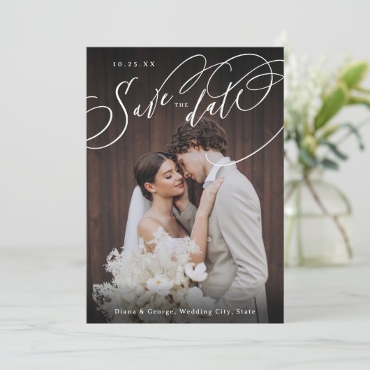 Elegant swirl script photo wedding save the date (Staand voorkant)