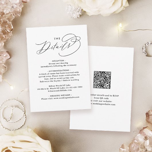 Elegant Swirl Script QR Code Wedding Details Notitiekaartje