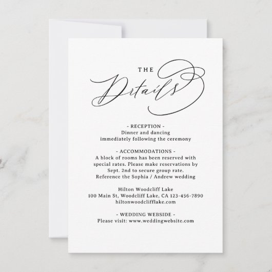 Elegant Swirl Script QR Code Wedding Details Notitiekaartje (Voorkant)
